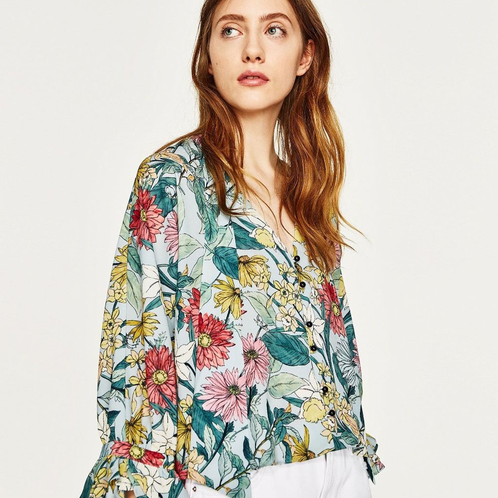 ZARA BLUE FLORAL PRINT BLOUSE